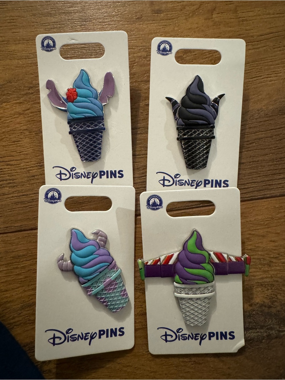 Disney Pins Swirk Ice Cream Cone Set - Buzz, Maleficent, Stitch and Sully